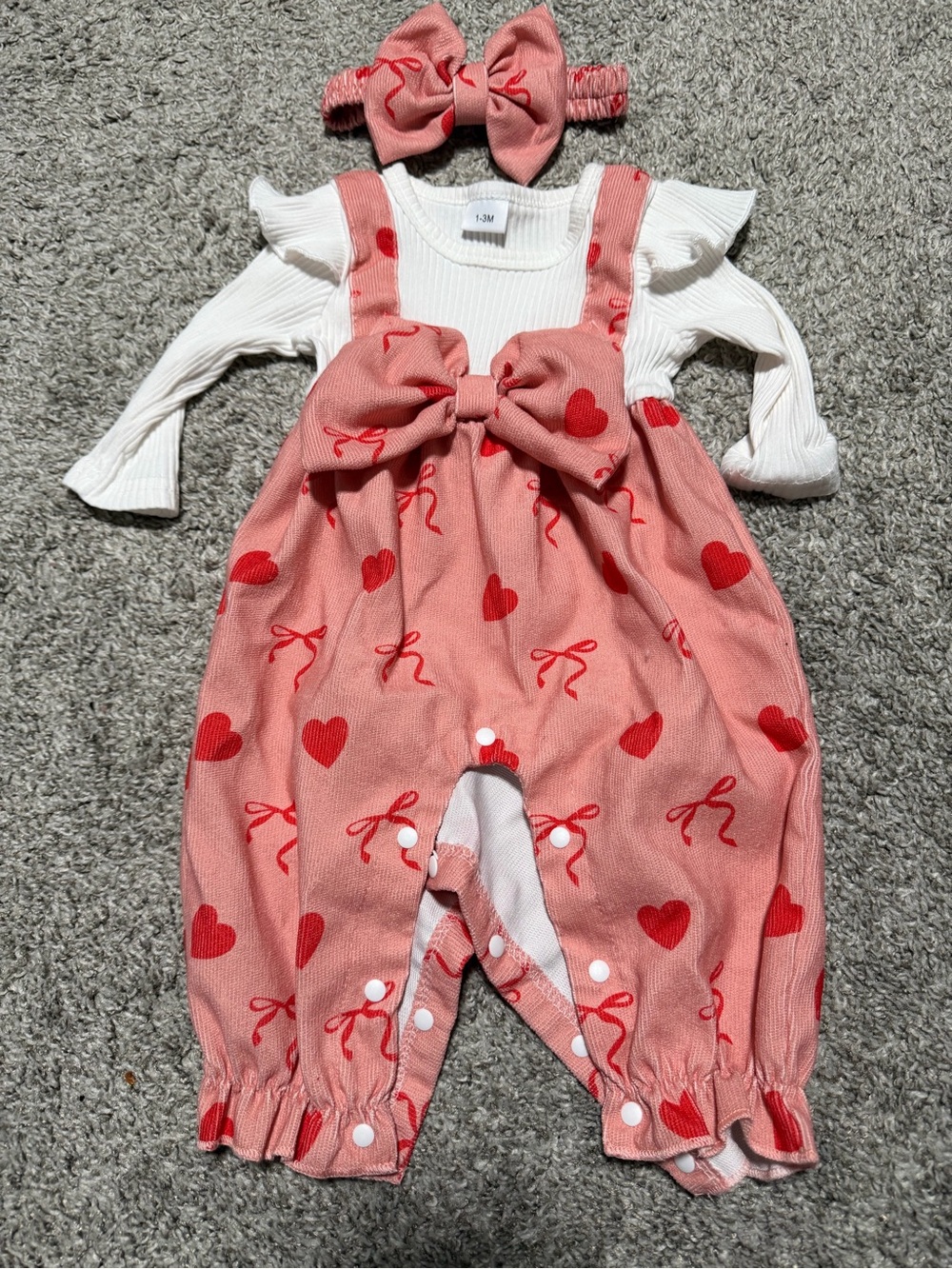Unbranded Pink Heart Print Suspender Romper with Headband - Baby 1-3M